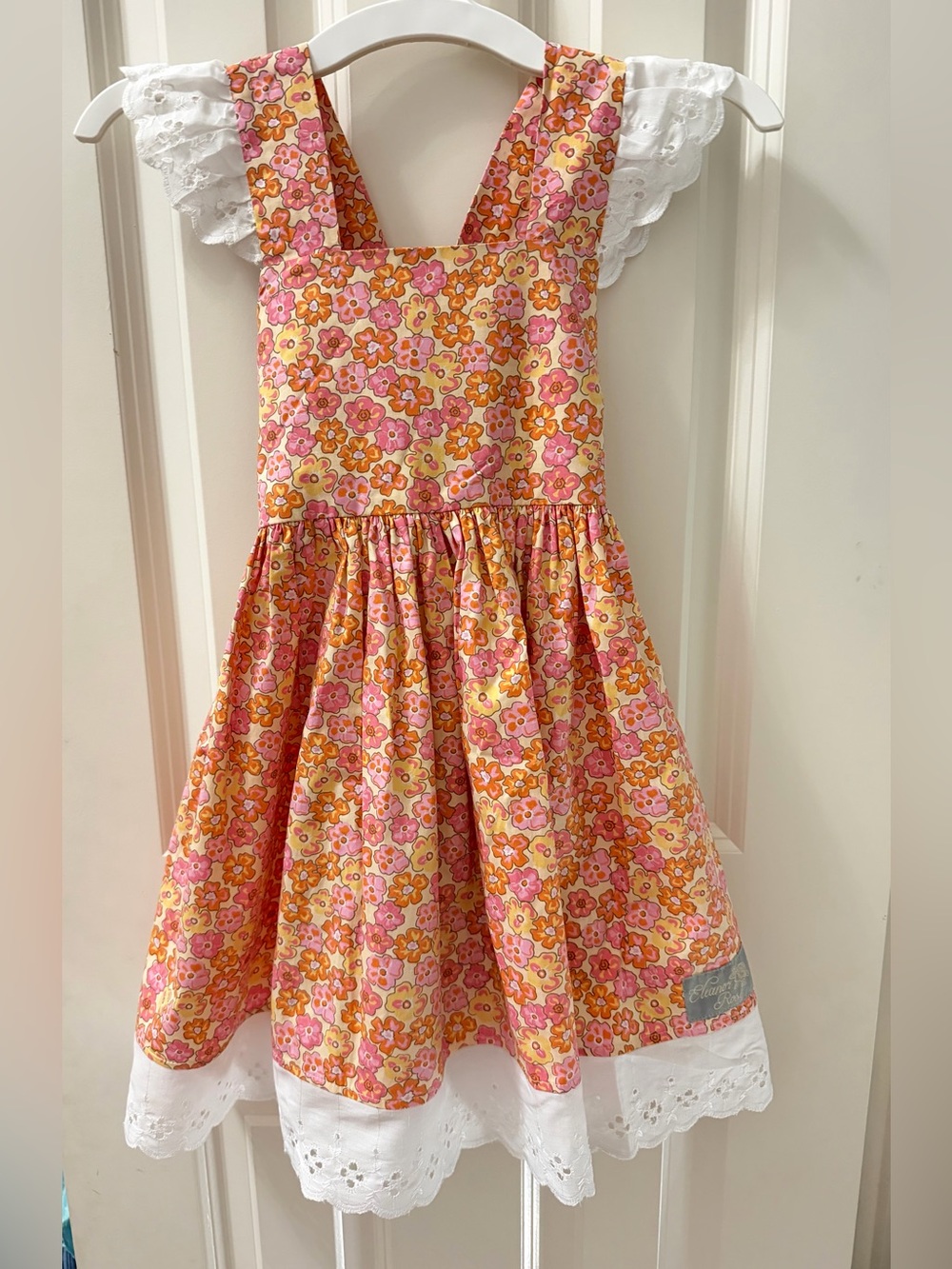 Eleanor Rose Girls Floral Pink & Orange Pinafore Dress with Lace Trim